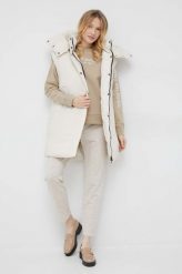 Tommy Hilfiger spodnie z domieszką wełny damskie kolor beżowy dopasowane high waist. Brązowe spodnie materiałowe Tommy Hilfiger, bez wzorów, z materiału, z podwyższonym stanem. Za 799.99 zł.