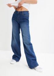 Dżinsy Wide Leg, Mid Waist, ze stretchem. Niebieskie jeansy bonprix, bez wzorów, z jeansu. Za 99.99 zł.