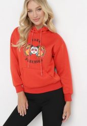 Pomarańczowa Bluza z Kolorowym Nadrukiem i Kapturem Kimna. Brązowe bluzy Born2be, l, bez wzorów, casualowe, bez ramiączek. W wyprzedaży za 76.49 zł.