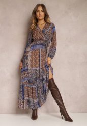 Niebiesko-Brązowa Sukienka Rozkloszowana w Patchworkowy Wzór Balmi. Niebieskie sukienki Renee, na co dzień, s, bez wzorów, boho, bez kołnierzyka, bez ramiączek, maxi, rozkloszowane. W wyprzedaży za 107.99 zł.