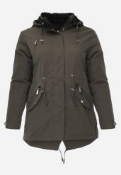 Zielono-Czarna Dwustronna Kurtka Przejściowa w Stylu Parki z Kapturem Tidala. Zielone kurtki Born2be, plus size, bez wzorów, z jeansu, klasyczne, z kapturem. Za 109.99 zł.