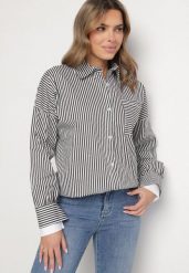 Czarno-Biała Koszula Bawełniana w Paski z Kieszonką Nolbia. Czarne koszule Born2be, s, bez wzorów, z bawełny, eleganckie, bez kołnierzyka, bez ramiączek. W wyprzedaży za 101.99 zł.