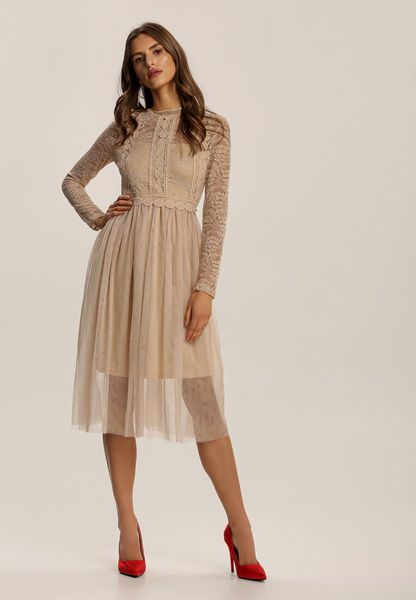 Beżowa Sukienka Aeznessa. Brązowe sukienki Renee, na imprezę, s, z aplikacjami, z koronki, klasyczne, bez kołnierzyka, bez ramiączek, midi, rozkloszowane. Za 129.99 zł.