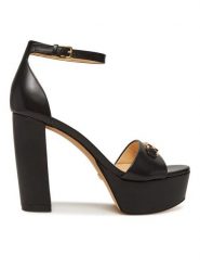 Guess Sandały FLJSET LEA03 Czarny. Czarne sandały Guess, z aplikacjami, ze skóry, bez obcasa, na słupku, bez zapięcia. Za 469.99 zł.