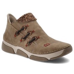 Botki damskie Rieker, antistress na płaskiej podeszwie w panterkę zapinane na suwak i ocieplane, beżowe, 45983-64. Brązowe botki Rieker, bez wzorów, z syntetyku, eleganckie, bez obcasa, na płaskiej podeszwie, bez zapięcia. Za 279.00 zł.