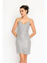 ASSUILI Sukienka w kolorze srebrnym rozmiar: 36. Szare sukienki Assuili, bez wzorów, klasyczne, bez kołnierzyka, bez ramiączek, mini. Za 118.01 zł.