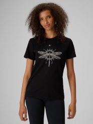 4F T-shirt regular z nadrukiem damski - czarny S. Czarne t-shirty 4f, m, bez wzorów, z bawełny, klasyczne, bez kołnierzyka, bez ramiączek. Za 59.99 zł.