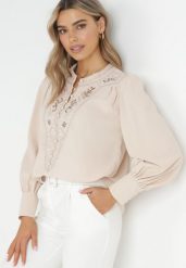 Jasnobeżowa Bluzka z Haftem Nardos. Brązowe bluzki Born2be, m, bez wzorów, z tkaniny, eleganckie, bez kołnierzyka, bez ramiączek. W wyprzedaży za 84.99 zł.