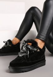 Czarne Śniegowce Typu Sneakersy ze Skóry Naturalnej Wyściełane Futerkiem Venalise. Czarne śniegowce Renee, bez wzorów, z futra, bez zapięcia. W wyprzedaży za 159.99 zł.