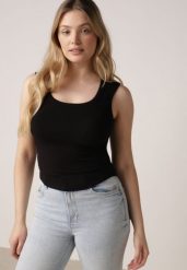 Czarny Dopasowany Top Bez Rękawów z Wiskozy z Kwadratowym Dekoltem Madu. Czarne topy Born2be, m, bez wzorów, z jeansu, eleganckie, bez kołnierzyka, bez ramiączek. Za 59.99 zł.