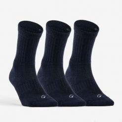 Skarpety sportowe Tenis RS500 wysokie 3 pary. Niebieskie skarpetki Decathlon, bez wzorów, z bawełny. Za 39.99 zł.