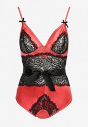 Różowo-Czarne Koronkowe Body ze Stringami z Paskiem w Talii Azuran. Czerwone body i gorsety Renee, z aplikacjami, z koronki, bez ramiączek. W wyprzedaży za 29.99 zł.
