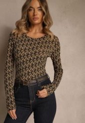 Brązowo-Czarna Bluzka Longsleeve z Bawełny Ozdobiony Literowym Wzorem Javelina. Brązowe bluzki Renee, l, bez wzorów, z bawełny, eleganckie, bez kołnierzyka, bez ramiączek. Za 49.99 zł.