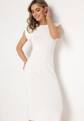Biała Sukienka Bodycon z Prążkowanej Dzianiny z Rozcięciem Roleria. Białe sukienki Born2be, na co dzień, bez wzorów, z dzianiny, eleganckie, bez kołnierzyka, bez ramiączek, midi, bodycon. Za 129.99 zł.