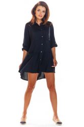 Czarna Luźna Koszulowa Sukienka z Falbanką. Czarne sukienki Awama, l, bez wzorów, z elastanu, wizytowe, bez kołnierzyka, bez ramiączek, koszulowe. Za 244.90 zł.