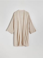 Długi kardigan z wiskozą - beżowy. Brązowe swetry Reserved, l, bez wzorów, z dzianiny, bez ramiączek. W wyprzedaży za 59.99 zł.