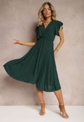 Ciemnozielona Sukienka z Trójkątnym Dekoltem z Gumką w Pasie o Plisowanym Kroju Doetta. Zielone sukienki Renee, m, bez wzorów, eleganckie, bez kołnierzyka, bez ramiączek, midi, plisowane. W wyprzedaży za 55.99 zł.