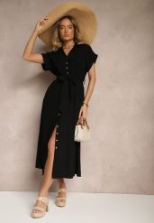 Czarna Bawełniana Sukienka Koszulowa z Wiązanym Paskiem i Krótkim Rękawem Elannoria. Czarne sukienki Renee, na co dzień, m, bez wzorów, z bawełny, eleganckie, bez kołnierzyka, bez ramiączek, maxi, koszulowe. W wyprzedaży za 119.99 zł.