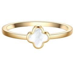 Glanzstücke München Pierscionek koniczyna ze stali nierdzewnej w zlocie z masa perlowa Pierścionki 1 ct Damski. Białe pierścionki Glanzstücke München, z perłą, pozłacane. Za 149.99 zł.