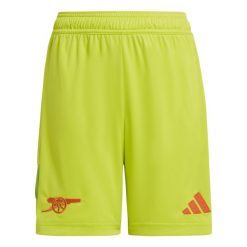 Spodenki bramkarskie dla dzieci Arsenal 2024/25. Żółte szorty adidas, bez wzorów, z materiału, sportowe. W wyprzedaży za 137.50 zł.