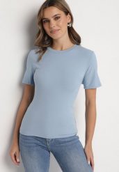 Niebieski Wiskozowy T-shirt w Klasycznym Stylu Arivoria. Niebieskie t-shirty Born2be, m, z aplikacjami, z jeansu, klasyczne, bez kołnierzyka, bez ramiączek. W wyprzedaży za 42.49 zł.
