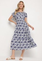 Niebieska Sukienka z Bawełną i Bufiastymi Rękawami Revilee. Niebieskie sukienki Born2be, na co dzień, l, z aplikacjami, z bawełny, eleganckie, bez kołnierzyka, bez ramiączek, midi. W wyprzedaży za 63.74 zł.