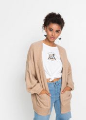 Sweter bez zapięcia oversized. Brązowe swetry bonprix, bez wzorów, bez ramiączek. Za 142.99 zł.