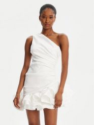 Bardot Sukienka koktajlowa Silvana Ruffle 60037DB Biały Slim Fit. Białe sukienki Bardot, bez wzorów, z syntetyku, wizytowe, bez kołnierzyka, bez ramiączek. Za 479.99 zł.