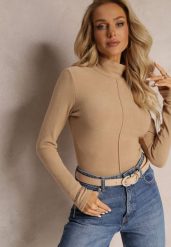 Beżowy Sweter Golf z Ozdobnym Przeszyciem Dayshawn. Brązowe swetry Renee, m, z aplikacjami, z jeansu, eleganckie, bez ramiączek. W wyprzedaży za 87.99 zł.
