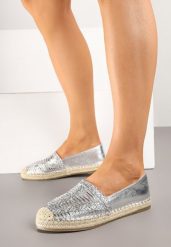 Srebrne Espadryle z Ozdobną Plecionką na Cholewce w Stylu Boho Adisella. Szare espadryle Renee, bez wzorów, z jeansu, boho, bez obcasa. W wyprzedaży za 51.99 zł.