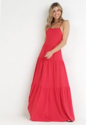 Czerwona Maxi Sukienka na Cienkich Ramiączkach z Wiązaniem na Tyle Ozdobiona Falbankami Beatrics. Czerwone sukienki Born2be, m, bez wzorów, bez kołnierzyka, bez ramiączek, maxi. W wyprzedaży za 104.99 zł.