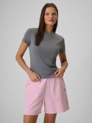 4F T-shirt slim prążkowany damski - szary L. Szare t-shirty 4f, l, bez wzorów, z dzianiny, klasyczne, bez kołnierzyka, bez ramiączek. Za 49.99 zł.