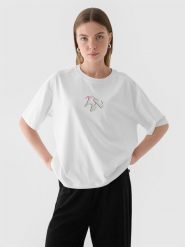 4F T-shirt oversize z nadrukiem damski - biały S. Białe t-shirty 4f, s, bez wzorów, z bawełny, klasyczne, bez kołnierzyka, bez ramiączek. W wyprzedaży za 29.99 zł.
