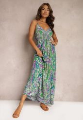 Zielono-Fioletowa Rozkloszowana Sukienka z Wiskozy na Regulowanych Ramiączkach w Stylu Boho Yalfea. Zielone sukienki Renee, s, bez wzorów, z materiału, boho, bez kołnierzyka, bez ramiączek, maxi, rozkloszowane. W wyprzedaży za 63.99 zł.