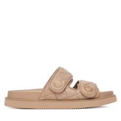 Klapki Badura. Brązowe klapki Badura, bez wzorów, bez obcasa, bez zapięcia. Za 229.99 zł.