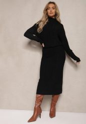 Czarny Komplet z Tłoczonej Dzianiny z Wiskozą Sweter z Półgolfem i Dopasowana Spódnica Atteleia. Czarne swetry Renee, l, z aplikacjami, z dzianiny, eleganckie, bez ramiączek. W wyprzedaży za 143.99 zł.
