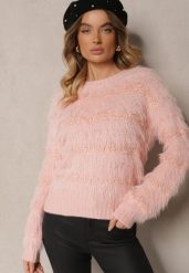 Jasnoróżowy Sweter z Wełną Ozdobiony Ściągaczami i Długim Włosiem Sialora. Czerwone swetry Renee, na jesień, bez wzorów, z jeansu, biznesowe, bez ramiączek. Za 54.99 zł.