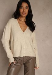 Beżowy Kardigan na Guziki z Domieszką Kaszmiru Vetiella. Brązowe swetry Renee, bez wzorów, z jeansu, eleganckie, bez ramiączek. Za 99.99 zł.