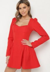 Czerwona Koktajlowa Sukienka o Rozkloszowanym Kroju z Falbankami i Gorsetem Farian. Czerwone sukienki Born2be, na spotkanie biznesowe, l, bez wzorów, eleganckie, bez kołnierzyka, bez ramiączek, mini, gorsetowe. W wyprzedaży za 127.49 zł.