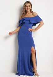 Granatowa Elegancka Sukienka Typu Hiszpanka z Rozkloszowanym Dołem i Wycięciami Tumini. Niebieskie sukienki Born2be, l, bez wzorów, z dzianiny, eleganckie, bez kołnierzyka, bez ramiączek, maxi, rozkloszowane. Za 209.99 zł.