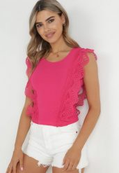 Fuksjowy Top z Koronką Efania. Czerwone topy Born2be, m, bez wzorów, z bawełny, eleganckie, bez kołnierzyka, bez ramiączek. W wyprzedaży za 63.74 zł.