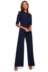 Kombinezon z Wiązaniem - Granatowy. Niebieskie kombinezony MOE, l, bez wzorów, z elastanu, eleganckie, bez kołnierzyka, bez ramiączek. Za 288.90 zł.
