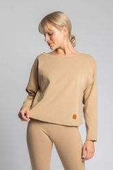 Luźna Bluzka z Dzianiny Prążkowanej - Cappuccino. Czarne bluzki MOE, l, bez wzorów, z bawełny, bez kołnierzyka, bez ramiączek. Za 259.90 zł.