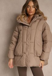 Ciemnobeżowa Kurtka Oversize z Pikowanymi Przeszyciami i Kapturem Galeana. Brązowe kurtki Renee, na zimę, l, bez wzorów, z dzianiny, eleganckie. Za 199.99 zł.