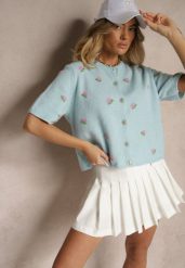 Niebieski Wzorzysty Sweter Kardigan z Krótkim Rękawem z Dodatkiem Wełny Korivelle. Niebieskie swetry Renee, bez wzorów, z jeansu, biznesowe, bez ramiączek. W wyprzedaży za 127.99 zł.