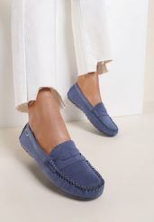 Niebieskie Mokasyny Lithiche. Niebieskie mokasyny Renee, z aplikacjami, ze skóry. Za 99.99 zł.