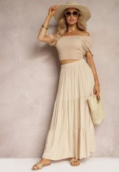 Beżowa Wiskozowa Spódnica High Waist z Gumką w Talii i Falbanką Christiara. Brązowe spódnice Renee, bez wzorów, z materiału, maxi. W wyprzedaży za 29.99 zł.