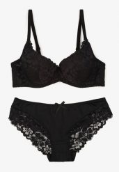 Czarny Koronkowy Komplet Majtki Figi i Biustonosz Eziselle. Czarne figi Renee, bez wzorów, z jeansu. Za 39.99 zł.