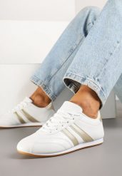 Biało-Złote Sneakersy Typu Tenisówki z Paseczkami Liantina. Białe trampki Renee, bez wzorów, z jeansu, eleganckie, bez zapięcia. W wyprzedaży za 67.99 zł.