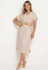 Jasnobeżowa Wiskozowa Sukienka z Paskiem Ozdobionym Plecionką i Klamrą Mlevena. Brązowe sukienki Born2be, plus size, bez wzorów, z wiskozy, eleganckie, bez kołnierzyka, plus size, bez ramiączek, midi. Za 119.99 zł.